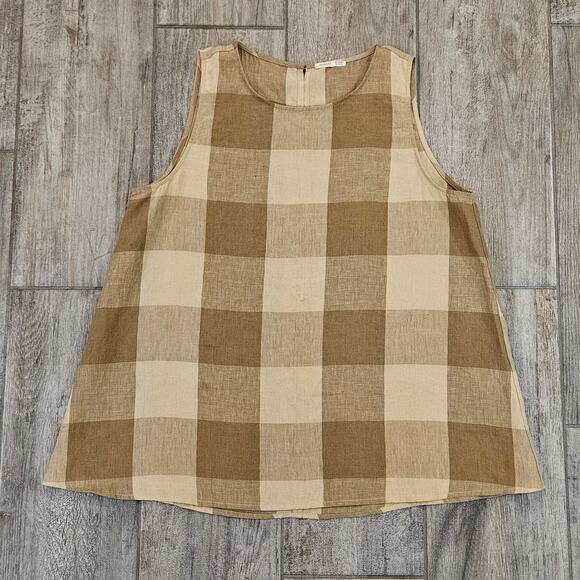 Apuntob Macro Vichy Linen Sleeveless Top Womens Size S Hazelnut Check Minimalist - Picture 2 of 11